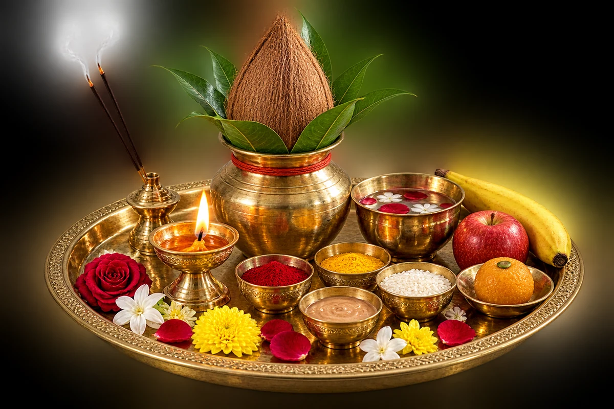 Traditional pooja thali with lamp, water, flowers, incense and offerings